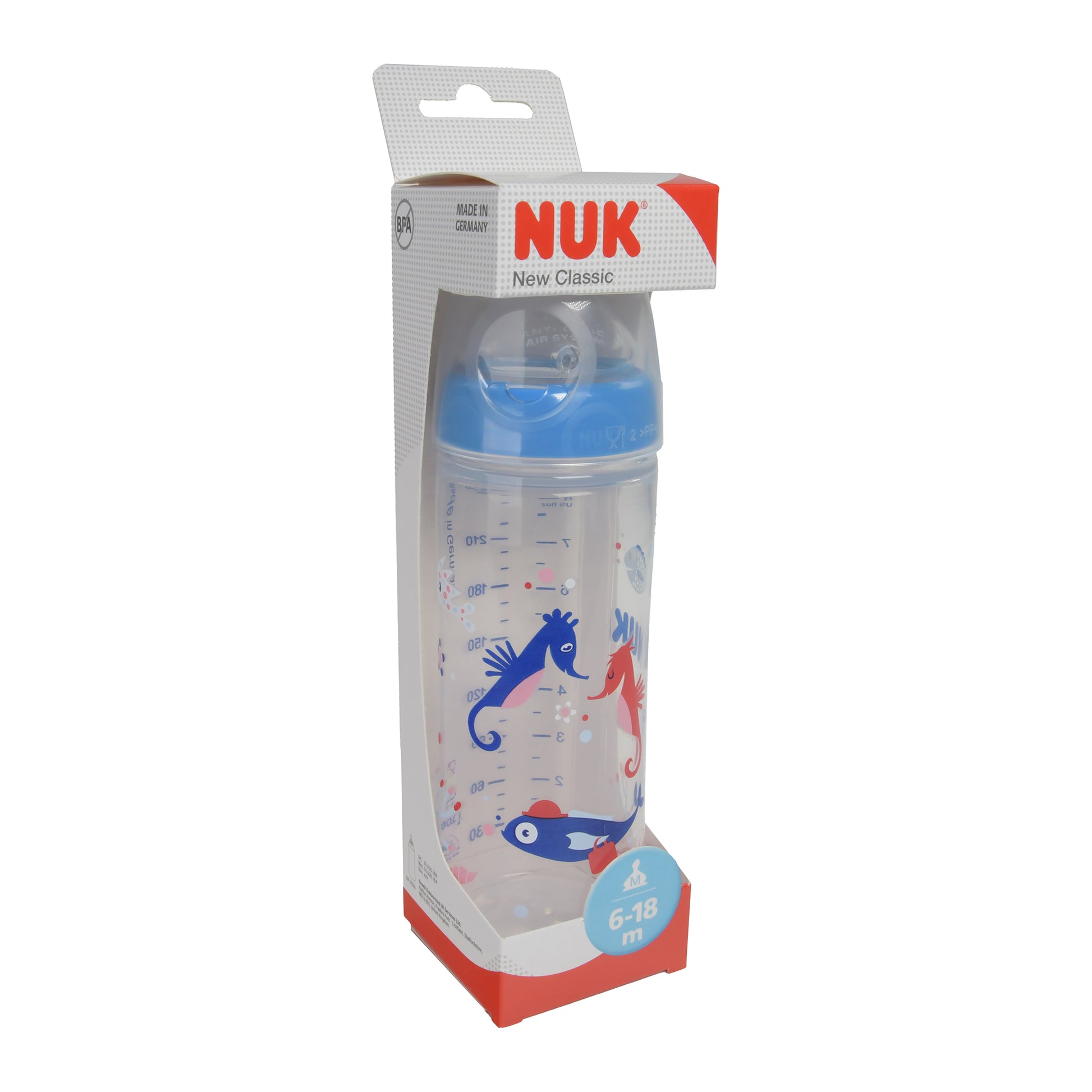NUK Babyflasche mit First Choice+ Trinksauger Blau, 6-18 Monate, 250ml, 1 St