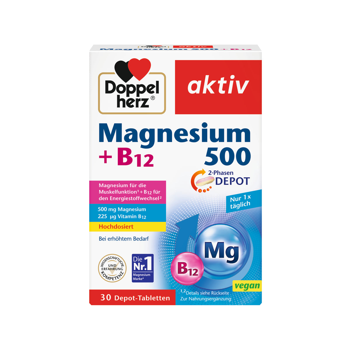 Doppelherz aktiv Magnesium 500 + B12 2-Phasen Depot Tabletten, 30 St