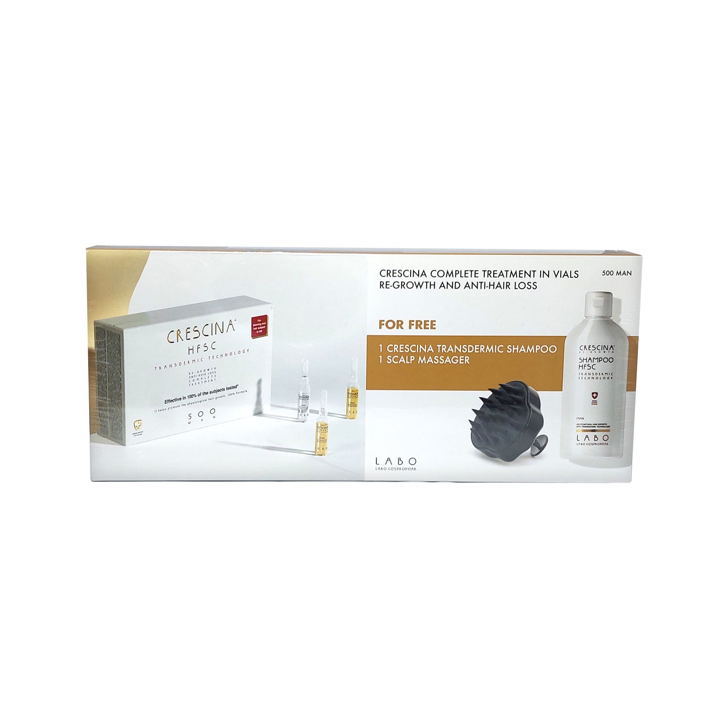 Crescina HFSC Transdermic 500 MAN 100% Complete Treatment 20x3.5 ml + Shampoo 200 ml + Scalp Massager