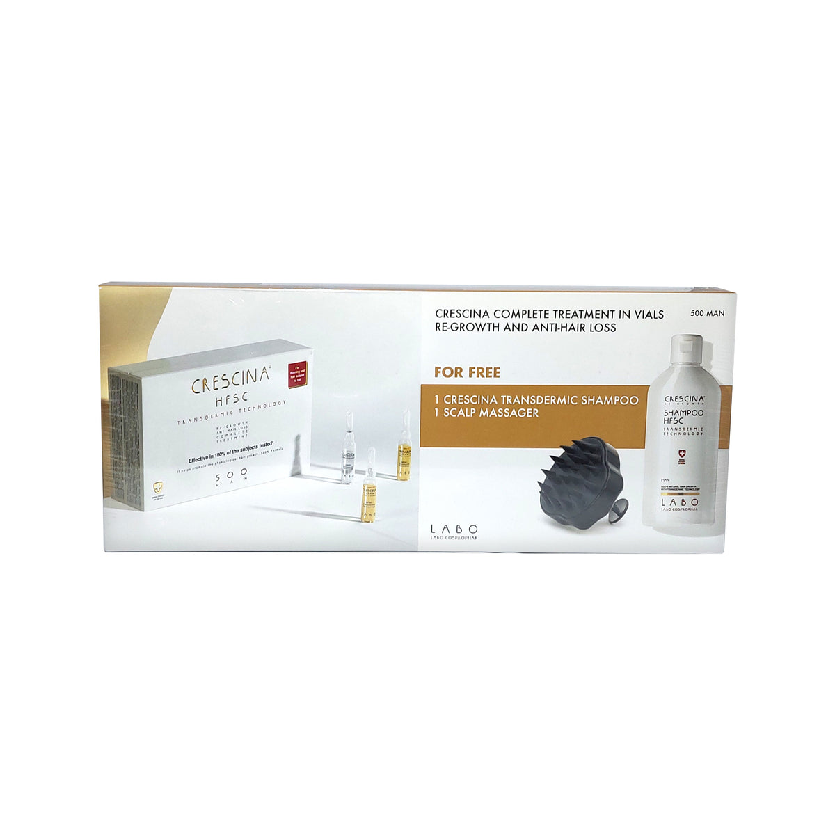 Crescina HFSC Transdermic 500 MAN 100% Complete Treatment 20x3.5 ml + Shampoo 200 ml + Scalp Massager