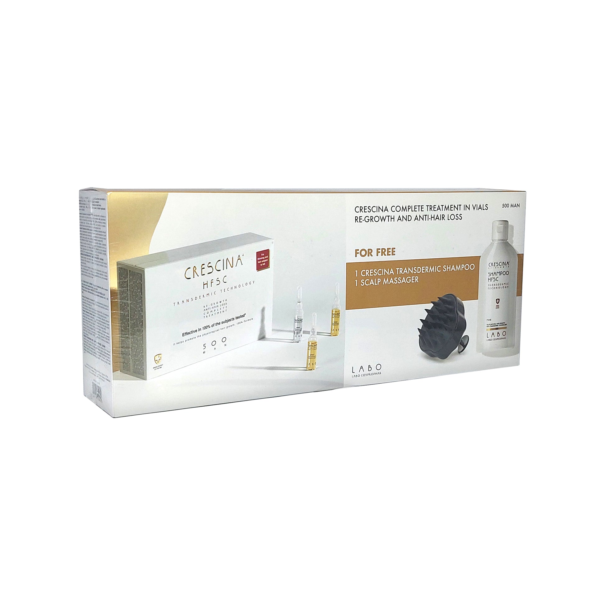 Crescina HFSC Transdermic 500 MAN 100% Complete Treatment 20x3.5 ml + Shampoo 200 ml + Scalp Massager