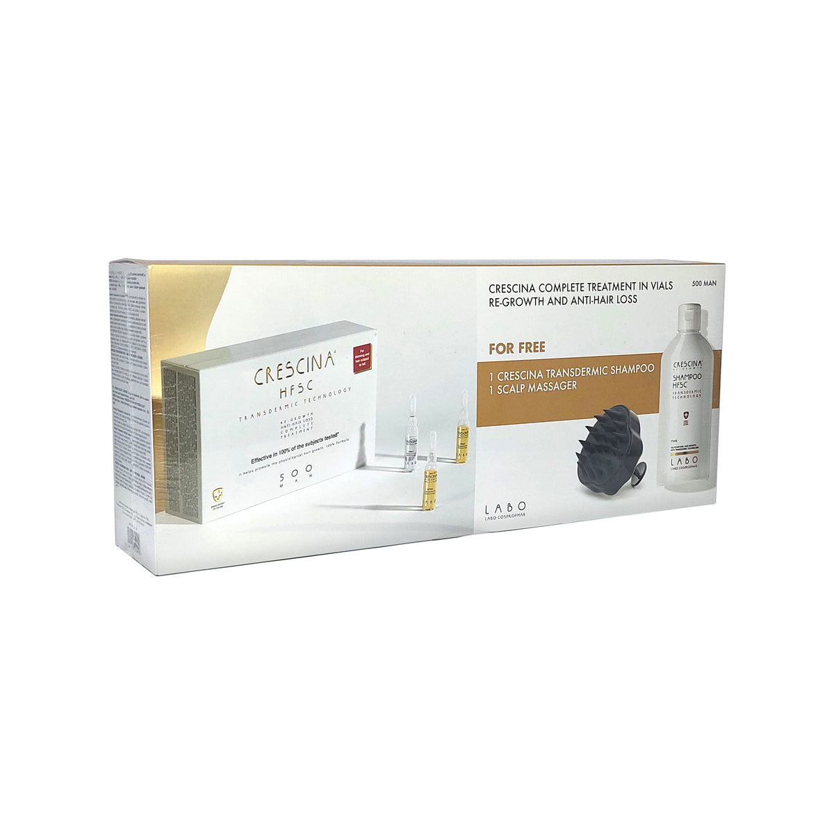 Crescina HFSC Transdermic 500 MAN 100% Complete Treatment 20x3.5 ml + Shampoo 200 ml + Scalp Massager